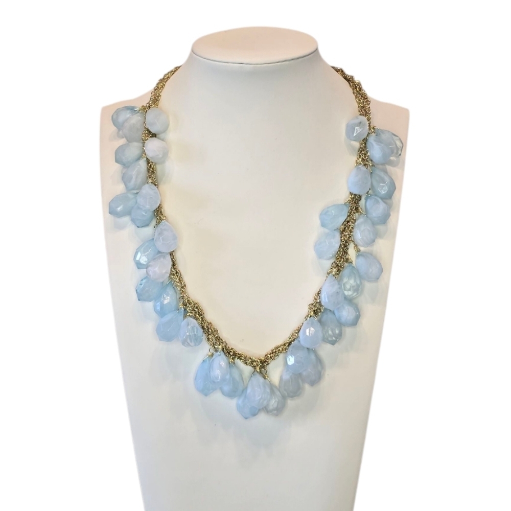 Trisha Waldron Blue Faceted Teardrop Bead Goldtone Necklace Earring Set